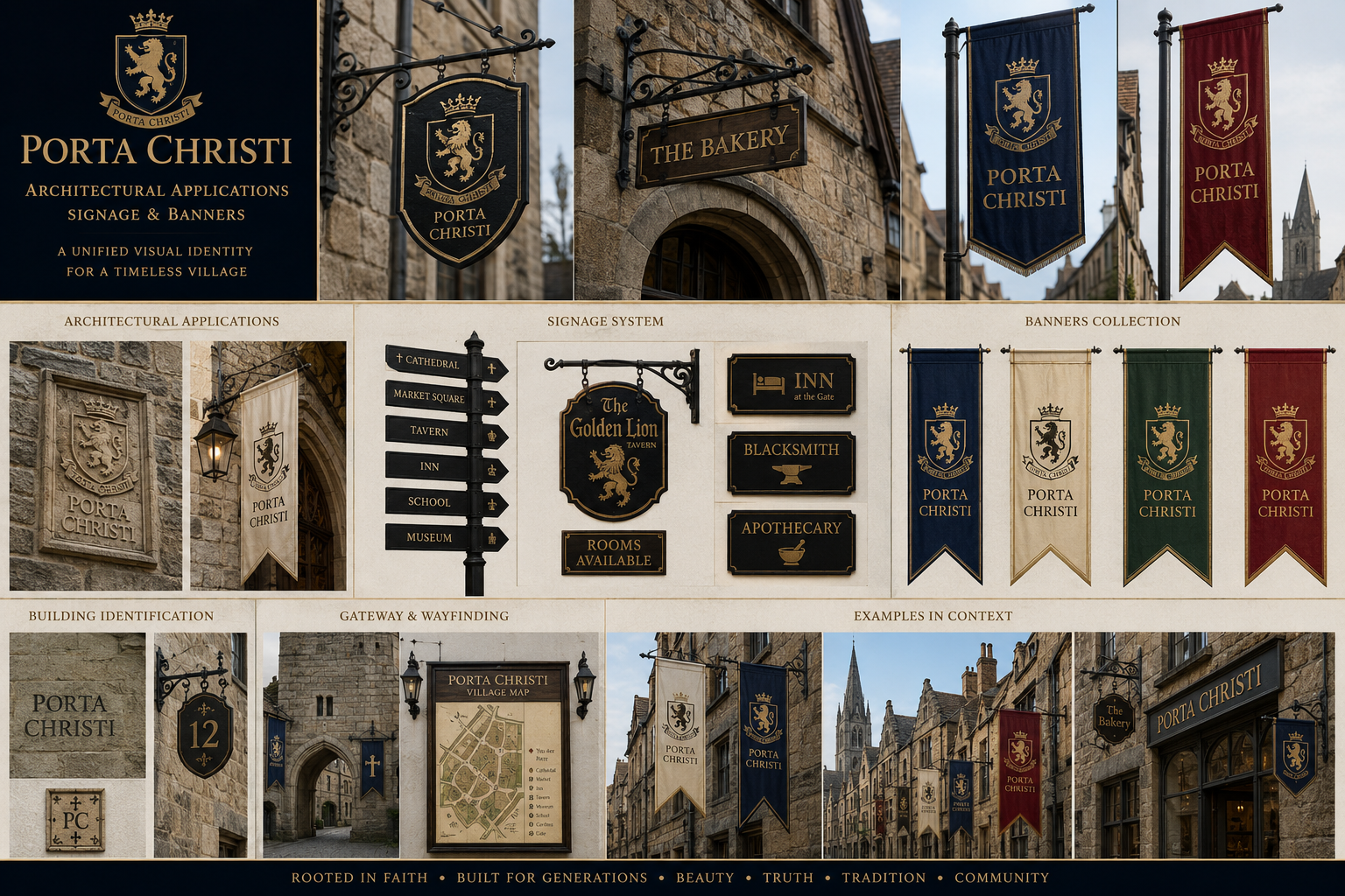 Porta Christi visual identity guide — architectural applications, signage system, banners collection, building identification, and wayfinding for the village