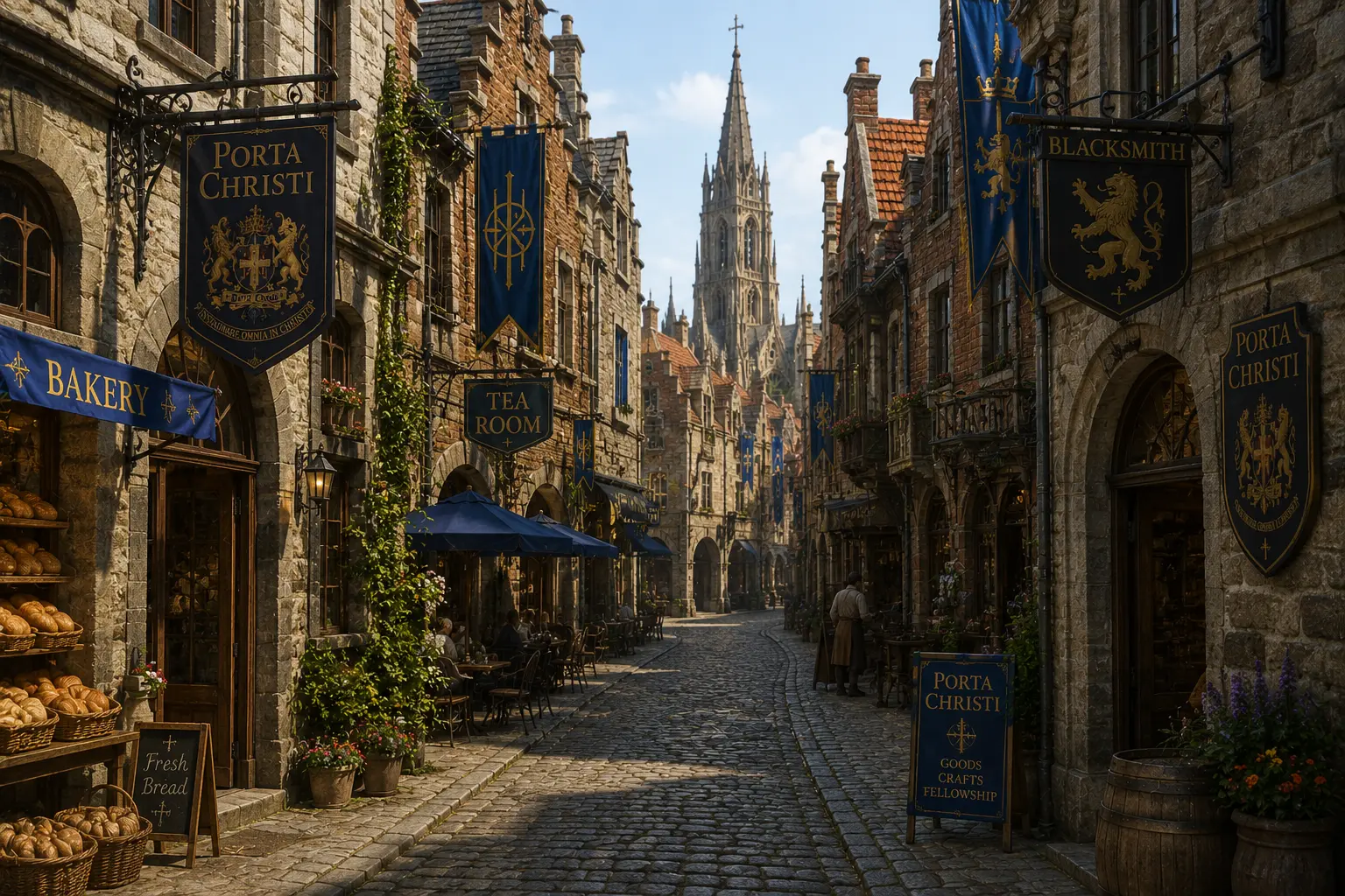 Concept art of a cobblestone street with bakery, tea room, and blacksmith signs beneath the cathedral spire