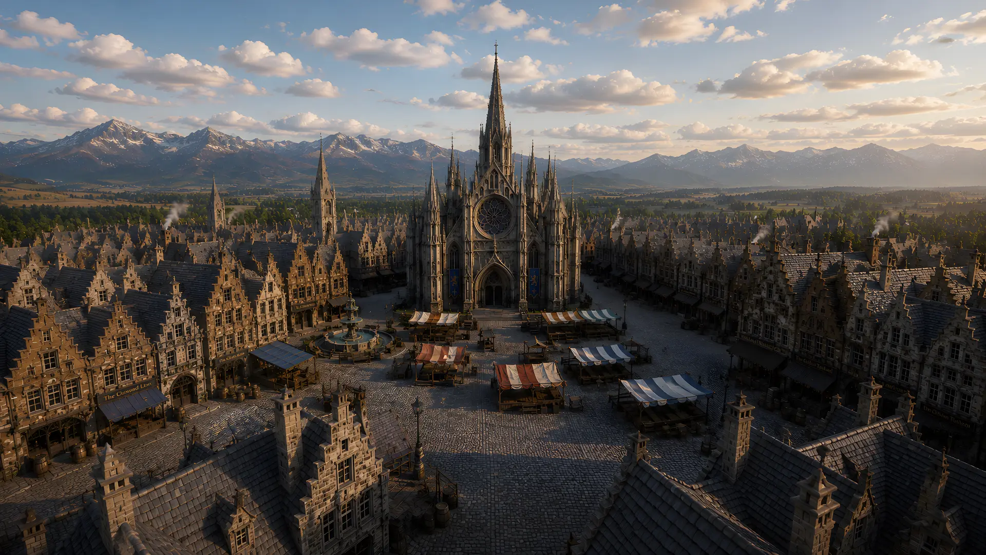 High-angle view of the great square at sunset: a Gothic cathedral with a soaring spire rising above a cobblestone plaza filled with market stalls, ringed by gabled guild houses and backed by snow-capped mountains