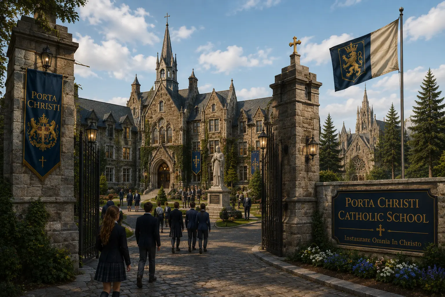 Concept art of Porta Christi Catholic School with stone gatehouse, banners, and students arriving