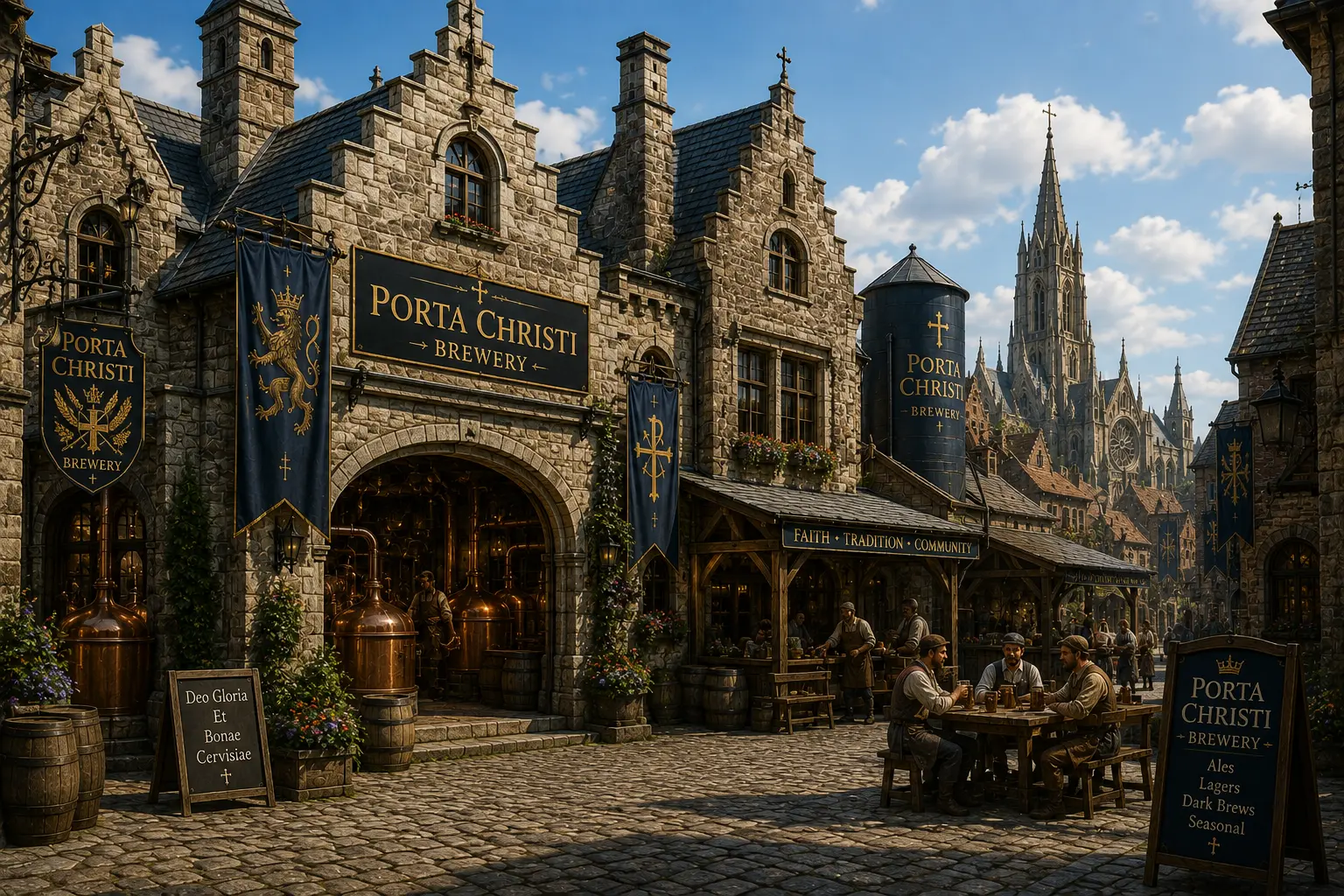 Concept art of the Porta Christi Brewery with copper kettles, barrels, and outdoor tables
