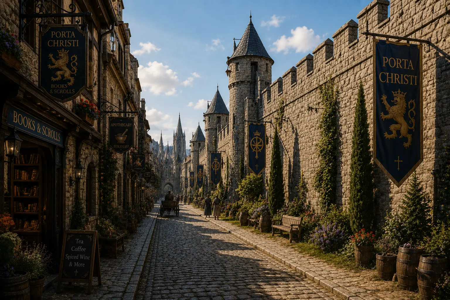 Concept art of a lane of books and scrolls shops along the village walls and watchtowers
