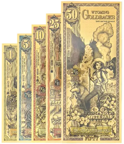 Wyoming Goldbacks in 1, 5, 10, 25 and 50 denominations