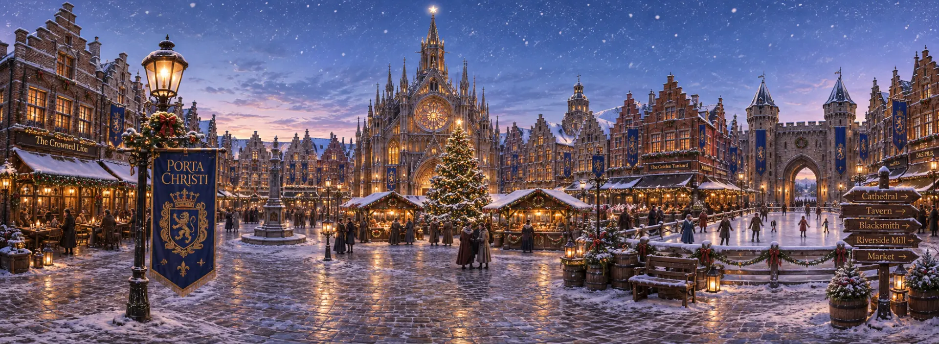 Porta Christi at Christmas: a snowy medieval square with a Gothic cathedral, decorated tree, market stalls, and an ice rink beneath a twilight sky