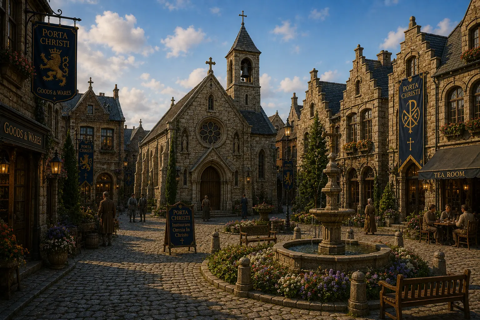 Concept art of the chapel square at golden hour with fountain, gardens, and tea room