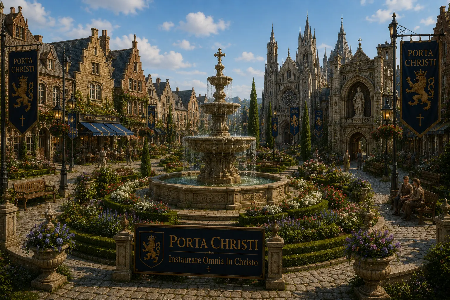 Concept art of the fountain square with gardens, guild houses, and the Gothic cathedral