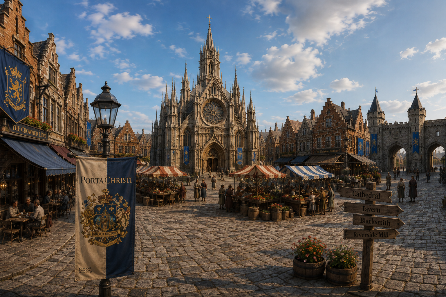 Concept art of the Porta Christi market square at midday with cathedral, tavern, signpost, and banners