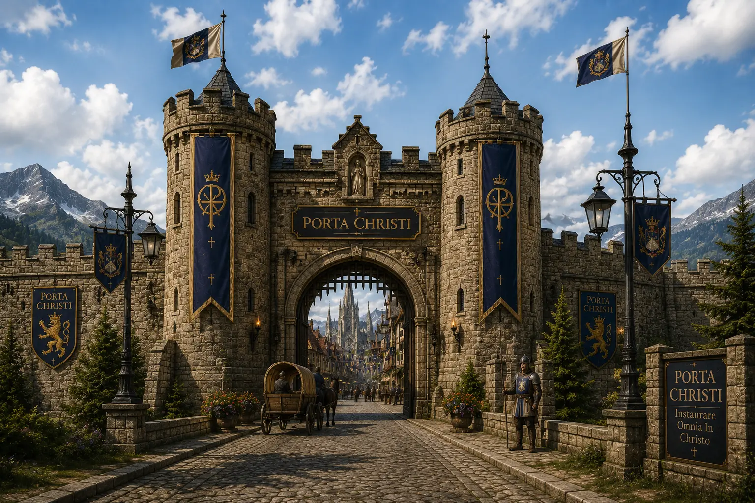 Concept art of the fortified Porta Christi village gate with towers, banners, and mountains beyond