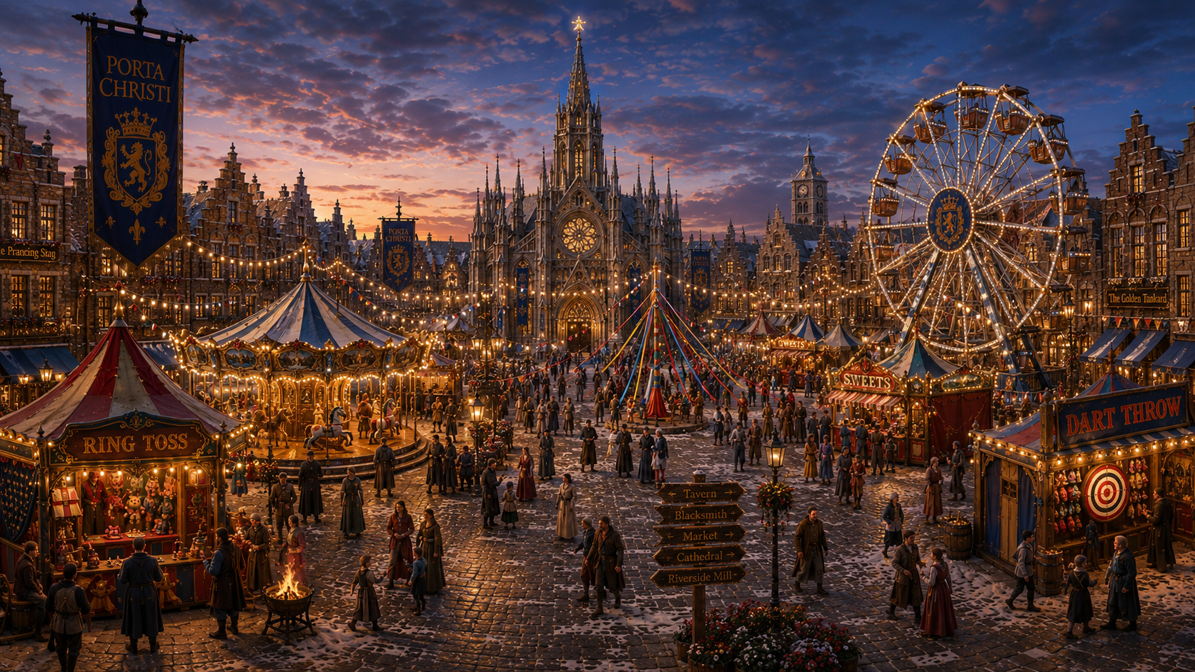A grand festival in the Porta Christi square at twilight: carousel, maypole, Ferris wheel, market stalls, and the Gothic cathedral beneath a painted sky