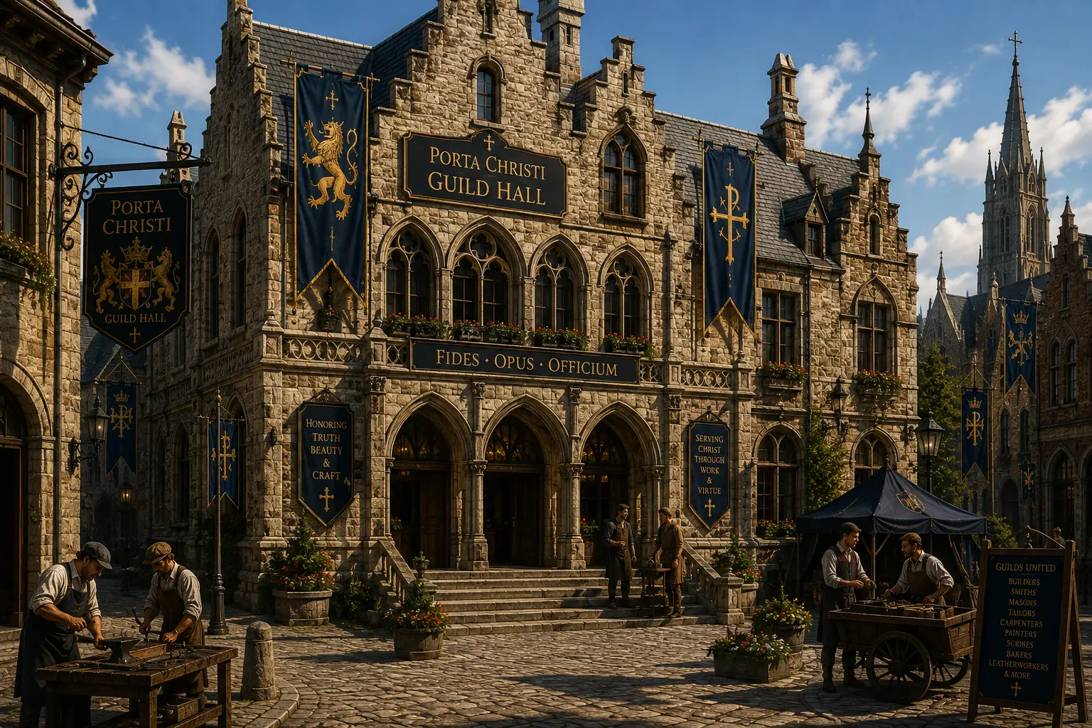 Concept art of the Porta Christi Guild Hall with banners and craftsmen at work in the square