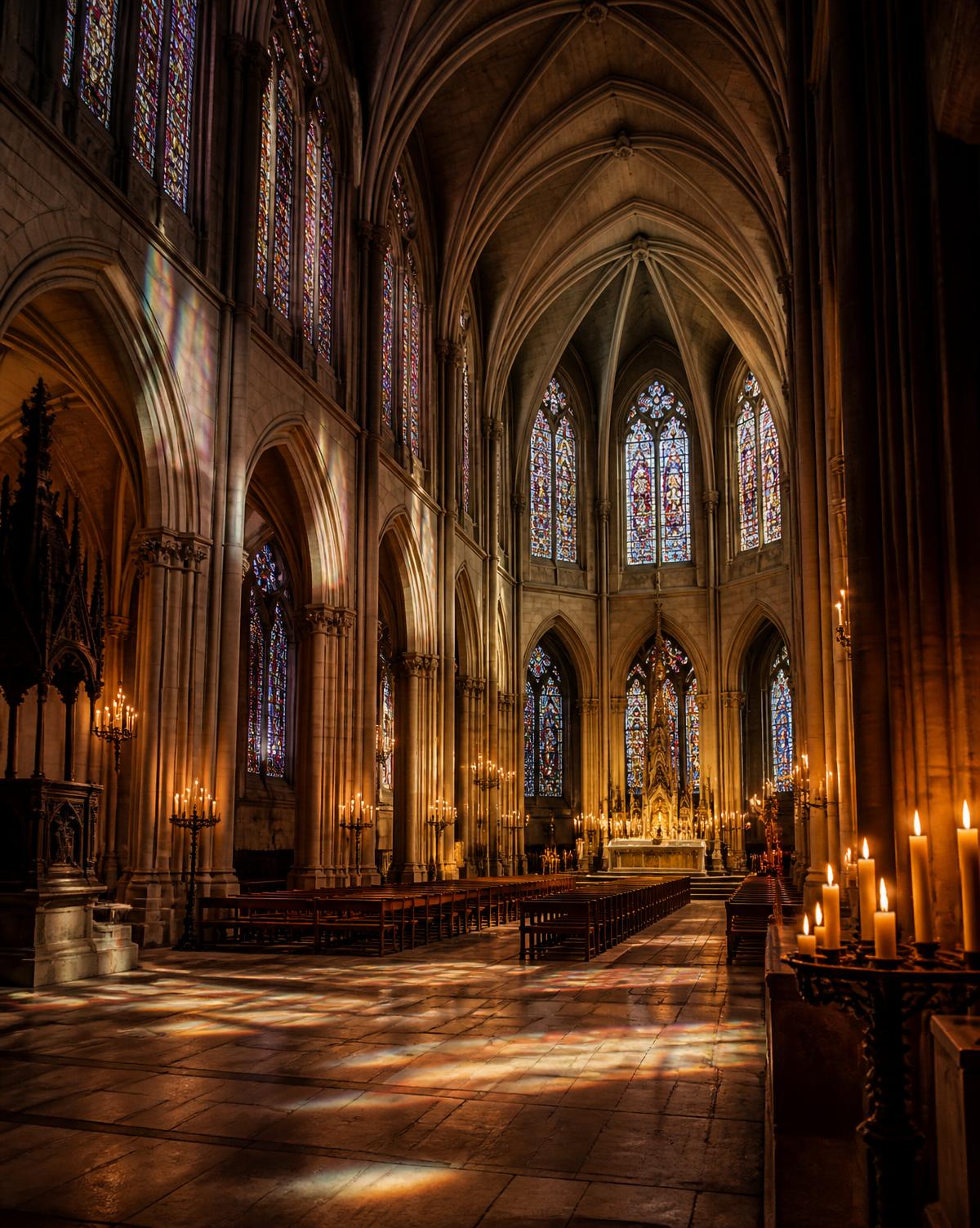 Gothic cathedral interior with soaring ribbed vaults and stained glass light