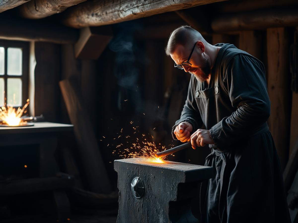 A blacksmith working glowing iron on an anvil in a timber workshop