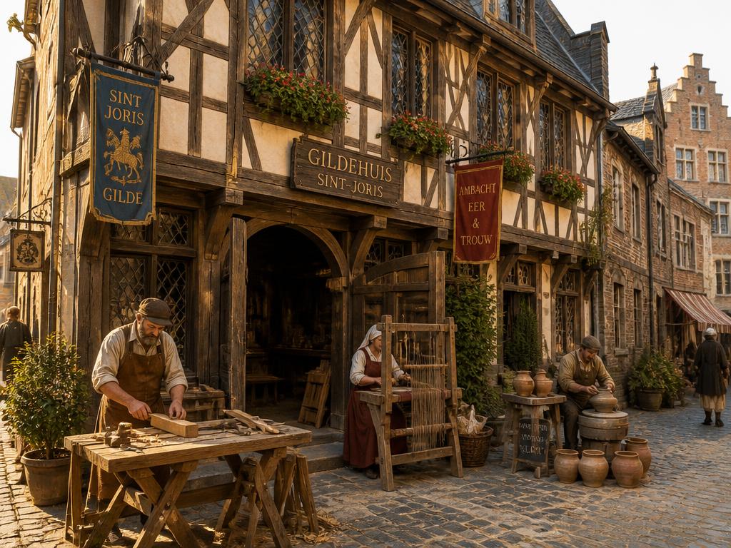 Medieval craftsmen at work outside a timber-framed guild hall