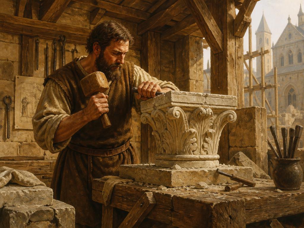 A medieval stonemason carving an ornate stone capital