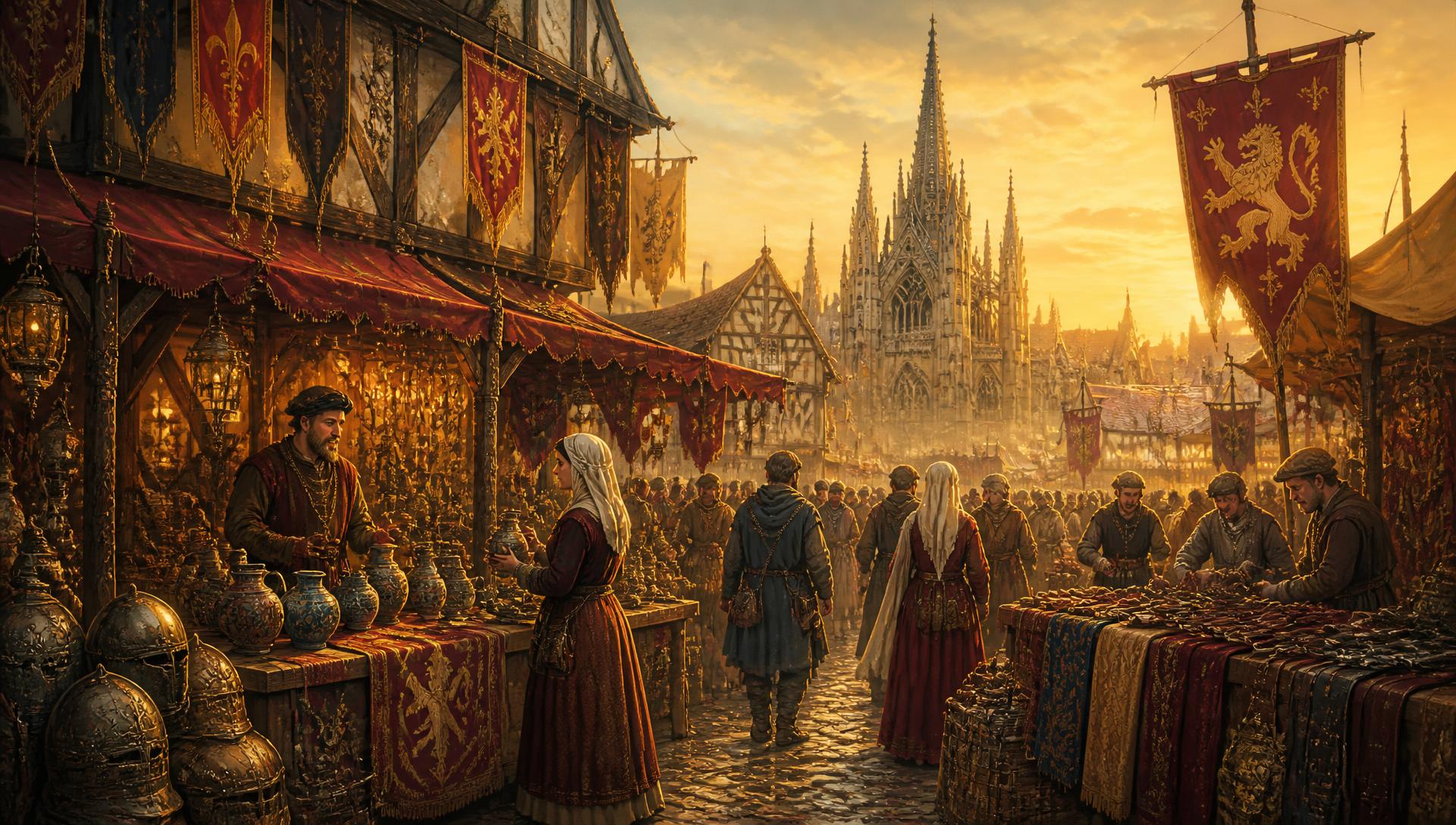 A bustling medieval merchant market square beneath a Gothic cathedral at golden hour